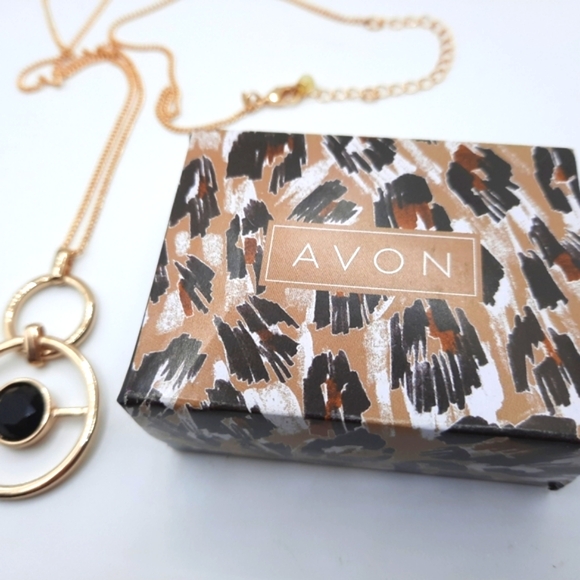 AVON CALI DECO GOLD PENDANT NECKLACES NIOB 17" GOLD With Onyx center - Picture 3 of 8